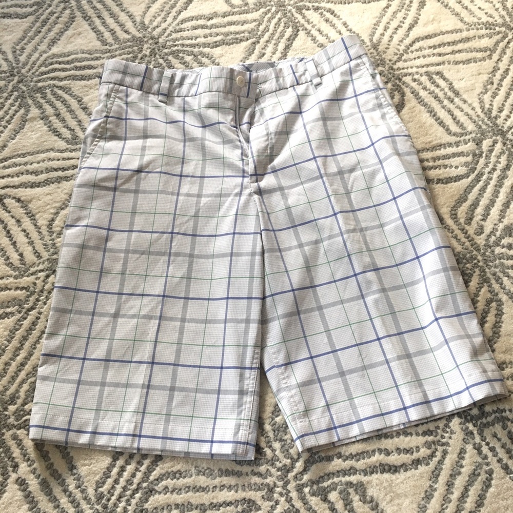 Nike men’s gold shorts, white plaid. Size M